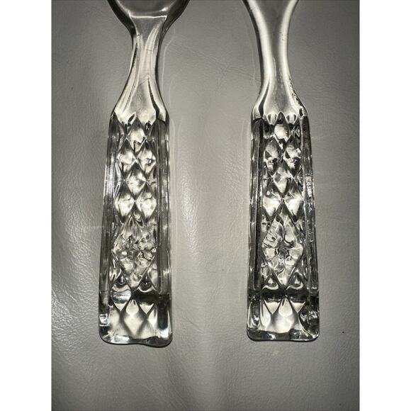 Vintage Glass 9.5" Serving Fork And Spoon Set Embossed Diamond Pattern EUC - Picture 5 of 7